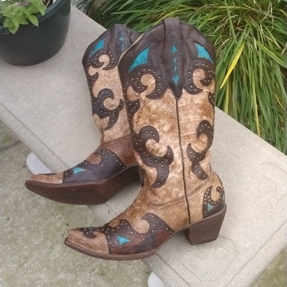 CORRAL AB019 "El Paso" leather snip toe cowgirl boot tan/brown/turquoise sz 9.5 - Picture 6 of 14